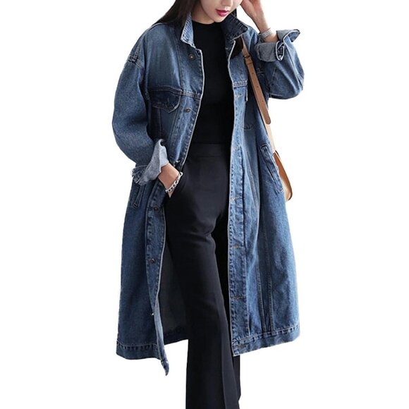 Plus Size Denim Trench Coat Long Sleeve Button Down Knee Length